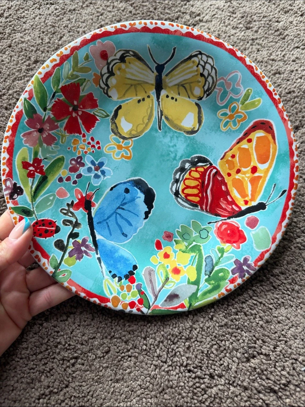 Pier 1 Floral & Butterfly Turquoise Red Yellow Accent Cup and Saucer
